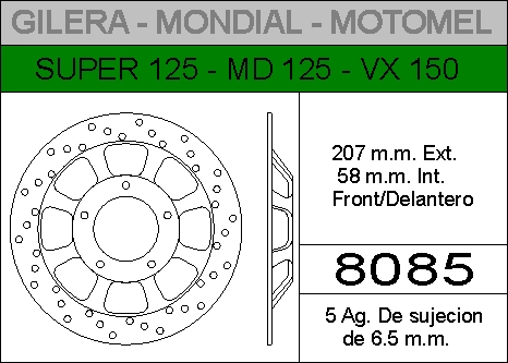 DISCO FRENO MONDIAL 125/GIL.SUPEHIERRO.DEL..HD8085